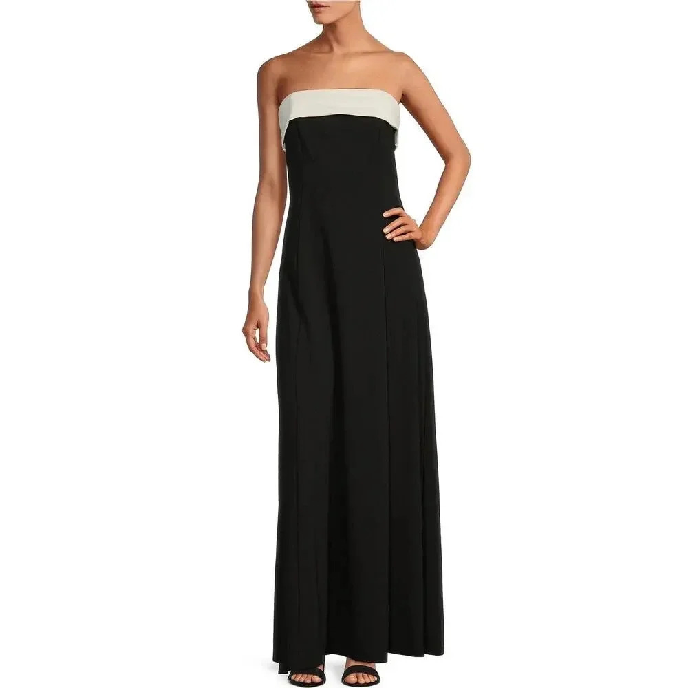Marina Elegant Black Midi Knit‎ Strapless Dress Wide White Satin Trim Women's  L